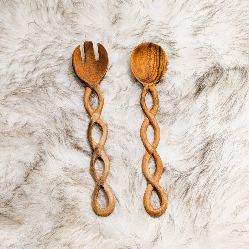Unique Interconnected Handcrafted Wooden Salad Serving Set:  Fork & Spoon